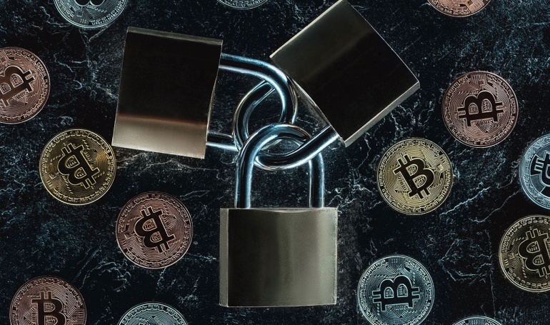 Interlocked Padlocks Surrounded by Bitcoins in Golden & Silver Coinage